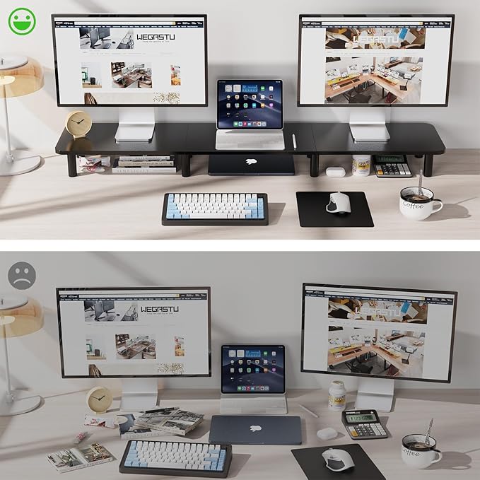 43.7" Extra Long Dual Monitor Stand Riser, Wood & Steel Monitor Stand - Image 4