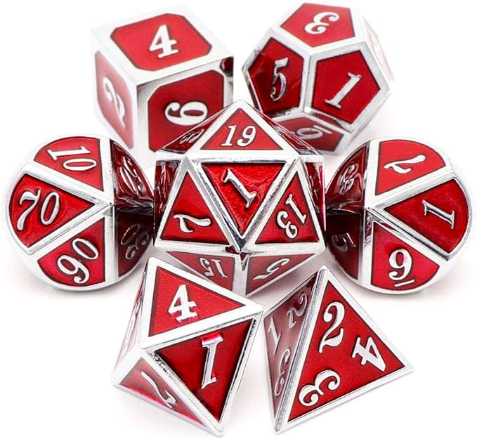 Haxtec Metal Dice Set D&D Red Silver DND Dice Set by HaxtecDice