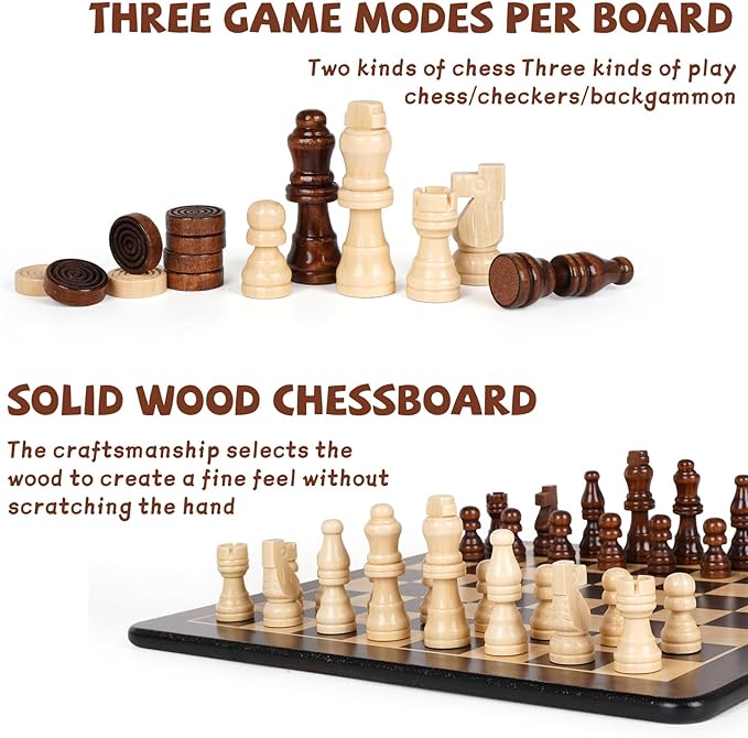 3-in-1 Wooden Chess, Backgammon Set and Checkers Set- 12 Inch Portable Board - Image 3