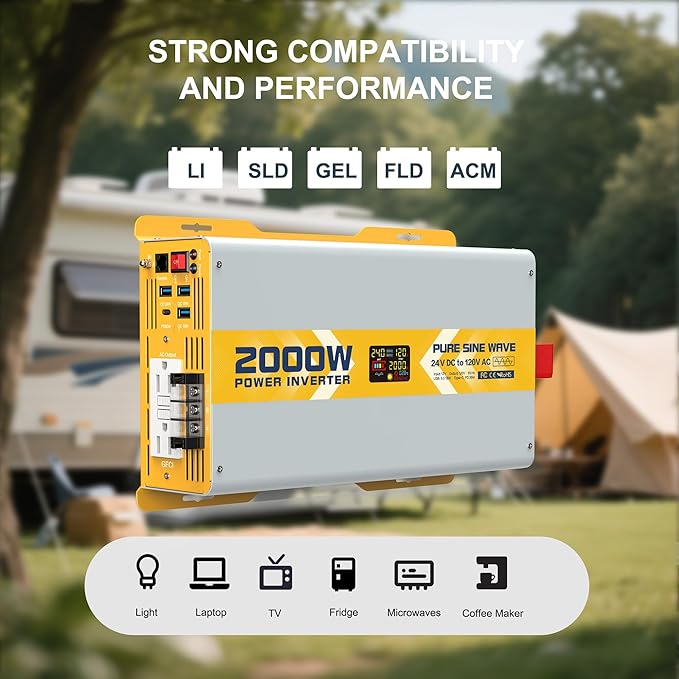 XWJNE 2000W Pure Sine Wave Power Inverter 24V DC to 120V GFCI AC Converter - Image 2