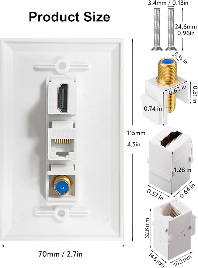 HDMI Coax Ethernet Wall Plate, 1 Port 4K HDMI Keystone, 1 Port Coax Keystone - Image 5