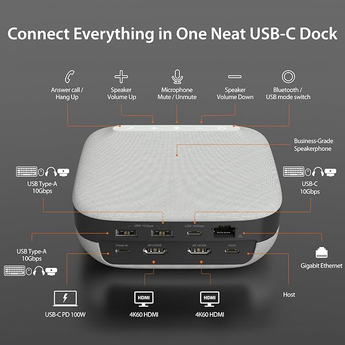j5create USB-C Dual 4K Speakerphone Dock Pro, Dual 4K HDMI Audio Dock - Image 2