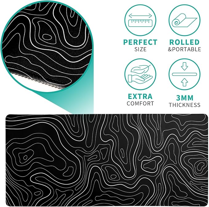 Topographic Contour Black Gaming Mouse Pad XL Geographic Map Lines Extended Big - Image 5