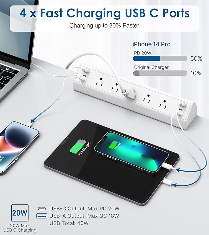 Desk Clamp Power Strip USB C, Under Desk Mount Power Station, 20W Fast Charging - Image 3