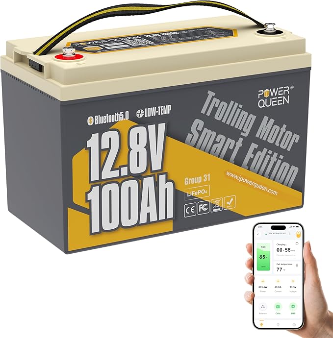Power Queen 12V 100Ah Group 31 LiFePO4 Battery Bluetooth 5.0, Deep Cycle by PowerQueen