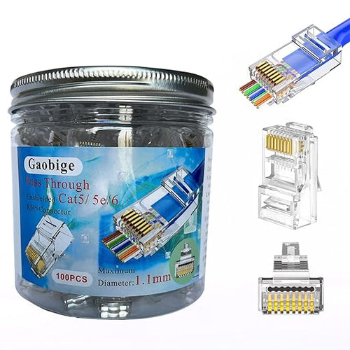 100-PACK Cat5 Cat5e Cat6 RJ45 Pass Through Connectors Ends, 1.1mm Unshielded by GaobigeNetworkToolKit