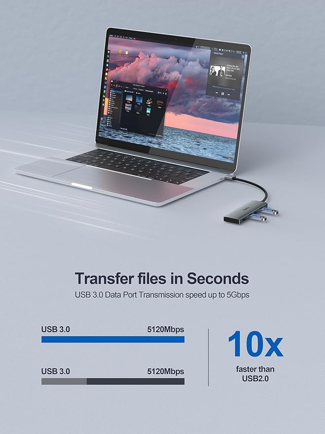 USB 3.0 Hub, 4 Port USB Splitter Extender Portable Adapter Multiport Data Hub - Image 3