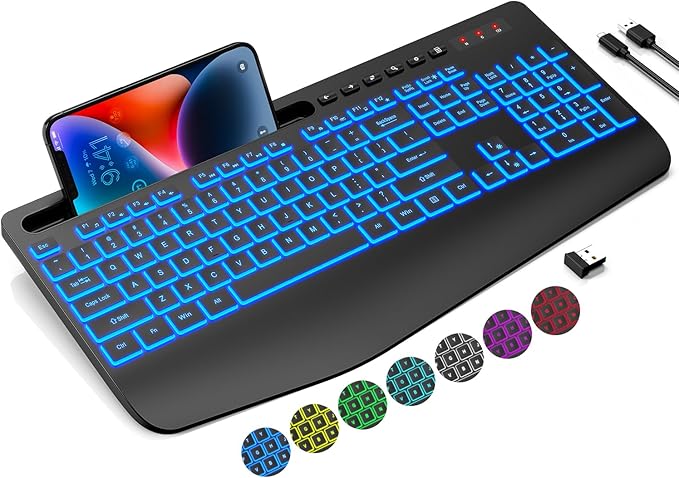 Trueque Wireless Keyboard with 7 Colored Backlits, Wrist Rest, Phone Holder by Trueque