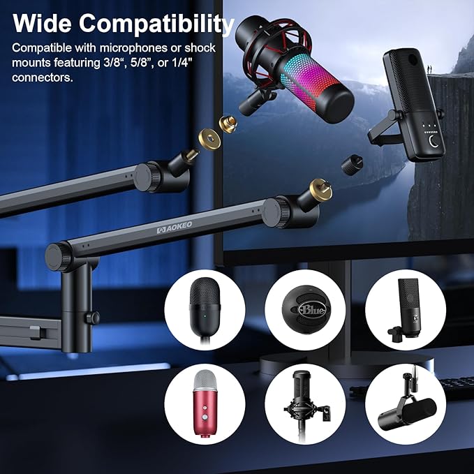 Microphone Arm, Aokeo AK-58 Desk Low Profile Adjustable Mic Boom Arm Stand - Image 5