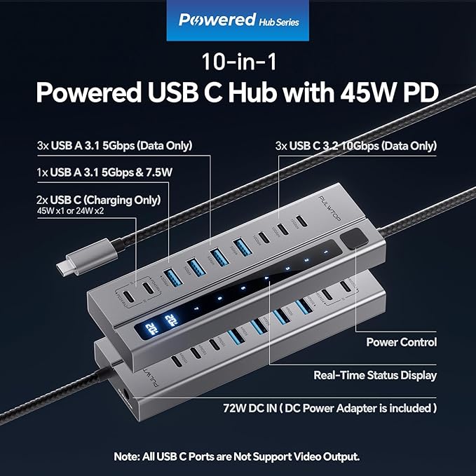 Powered USB C Hub, PULWTOP 11-in-1 Power Hub - Image 2