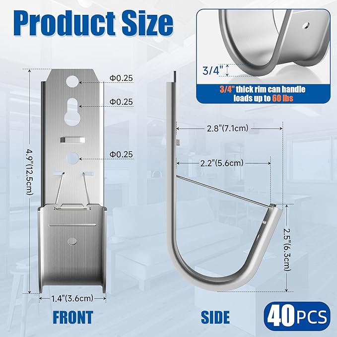 40 Pack J Cable Hook with Retainer Clip, 2-Inch Heavy Duty Wall Mount J-Hooks - Image 2