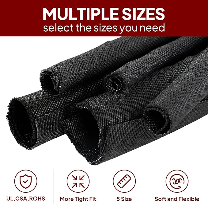 Black Braided Cable Management Sleeves Wire Loom Tubing Cord Protector - Image 7