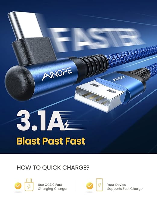 AINOPE USB C Cable 3.1A C Charger Cable Fast Charging Right Angle Nylon Braided - Image 4