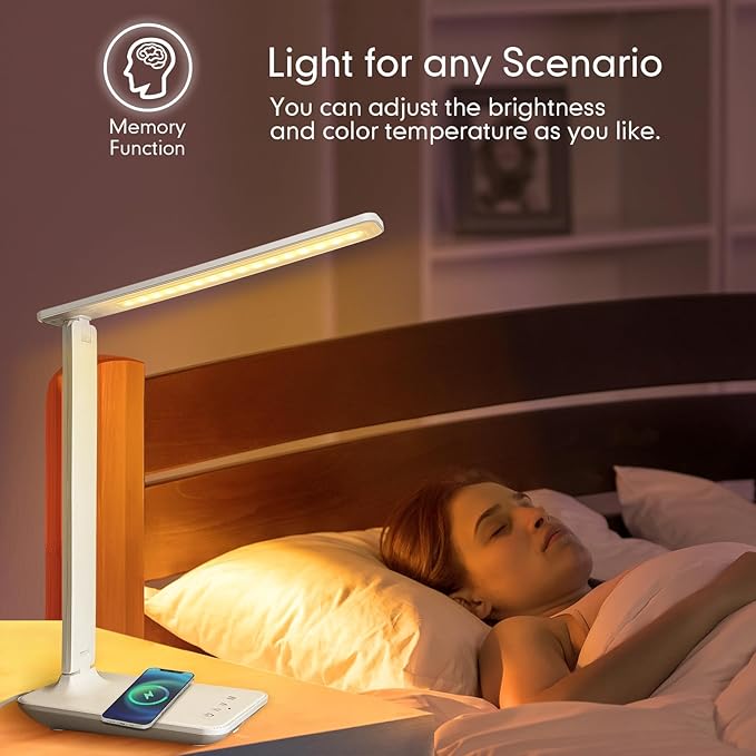 White crown LED Desk Lamp with 15W Wireless Charger & USB Port, Dimmable Table - Image 4