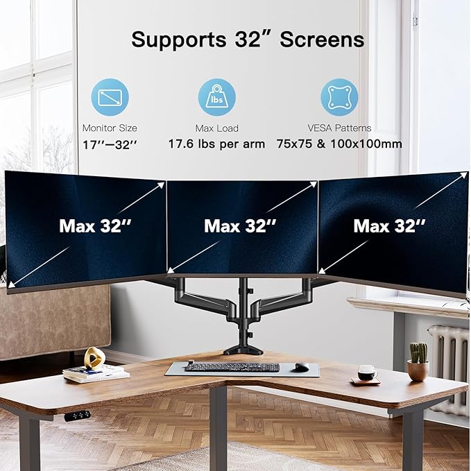 HUANUO Triple Monitor Mount for 17 to 32 inch Screens, Gas Springs Adjustment - Image 2