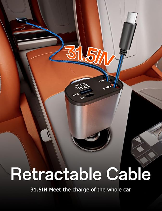 Retractable Car Charger with Dual Retractable Cords, Type-C Cable Fast Charging - Image 4