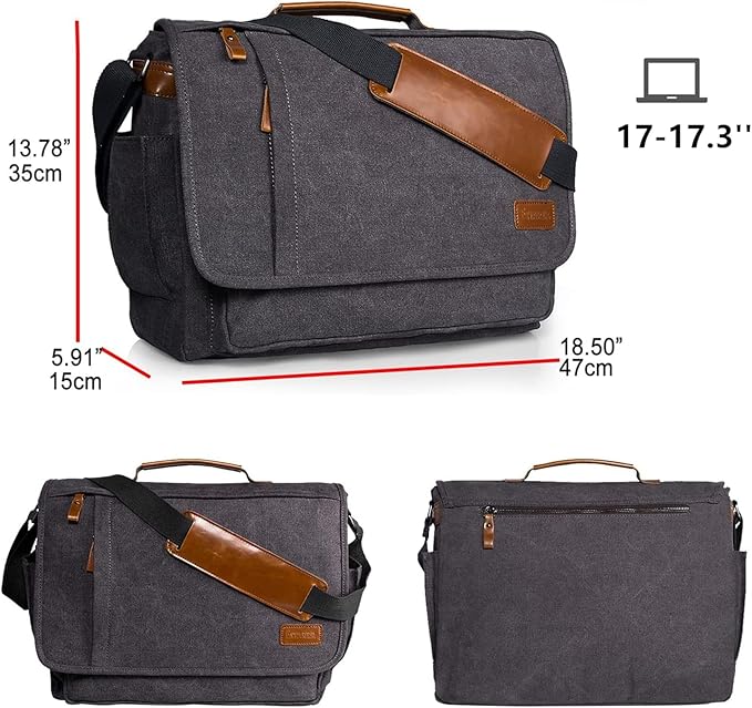 ESTARER Laptop Messenger Bag 17-17.3 Inch Water-resistant Canvas Shoulder Bag - Image 3