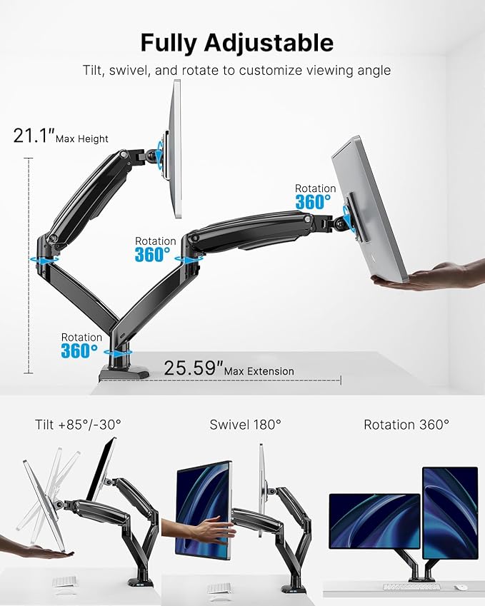 HUANUO Dual Monitor Stand for 13 to 40 inch, Premium Dual Monitor Mount - Image 5