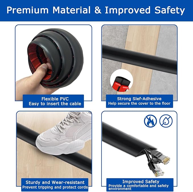 4ft Floor Cord Cover, Cord Hider Floor Black, Extension Cable Cover Power Cord - Image 3