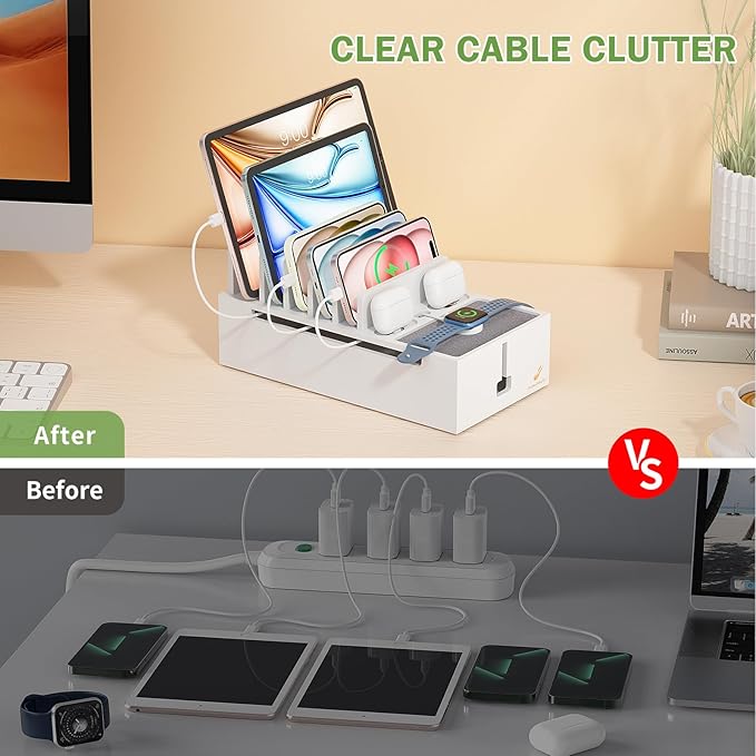 Pezin & Hulin Multi Charger Station Organizer Rack, Bamboo Cable Management Box - Image 3