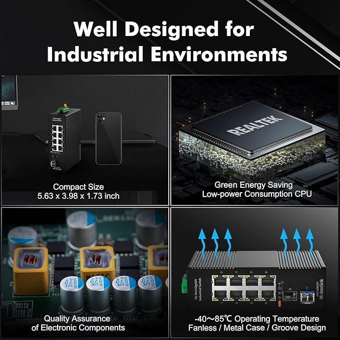 MokerLink 8 Port Gigabit Industrial DIN-Rail Ethernet Switch, 2 SFP Ports - Image 5