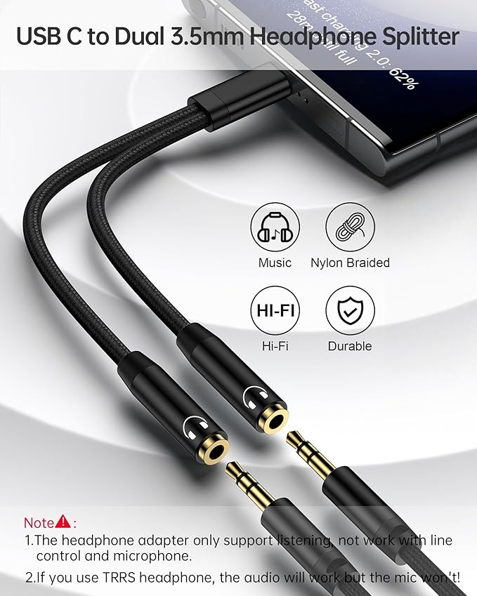 Headphone Splitter for 2 Headphones, USB C to Dual 3.5mm Female Aux Splitters - Image 2