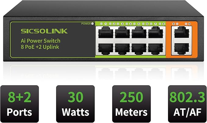 8 Ports PoE+ Ethernet Switch 2 Uplink 802.3af/at 120W Total Power 100Mbps - Image 2