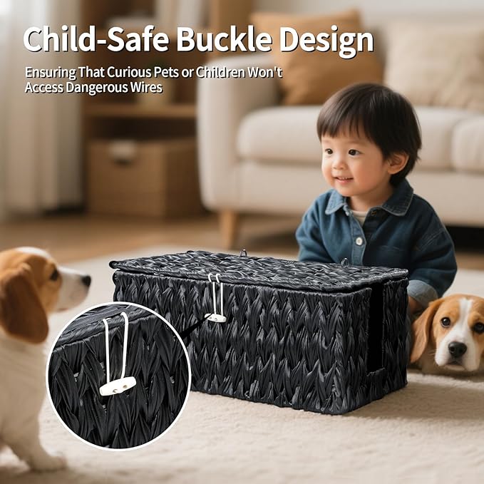 Black Cable Management Box, 2 Pack Large & Medium Rattan Cable Organizer Box - Image 4