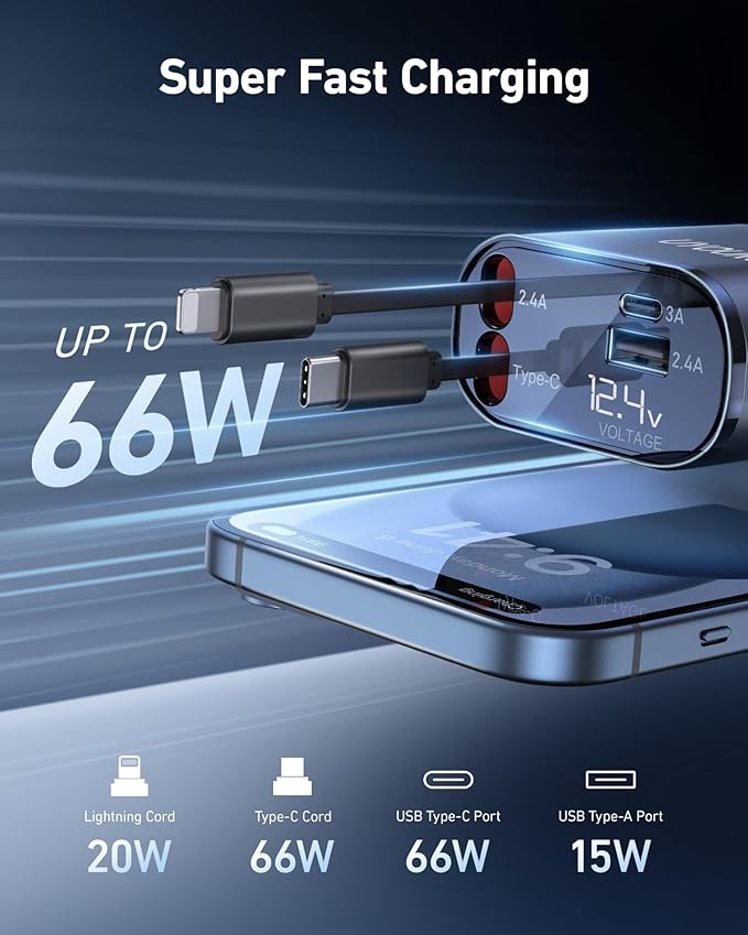 Car Phone Charger Adapter 2Pack Retractable Car Charger 4in1 Fast Charging Dual - Image 3