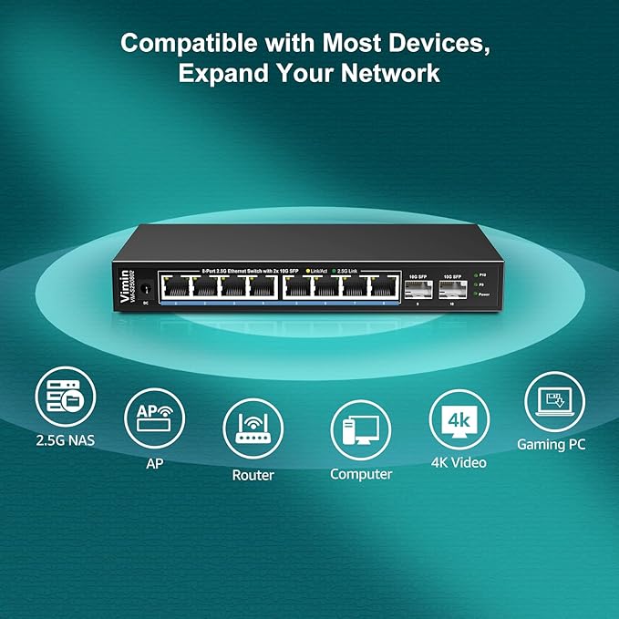 10 Port 2.5G Switch Unmanaged, VIMIN 8X 2.5G Switch Base-T Ports+2X 10G SFP Port - Image 3