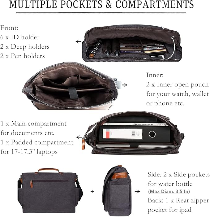 ESTARER Men Messenger Bag 17-17.3 Inch Laptop Bag Water-resistant Canvas - Image 5
