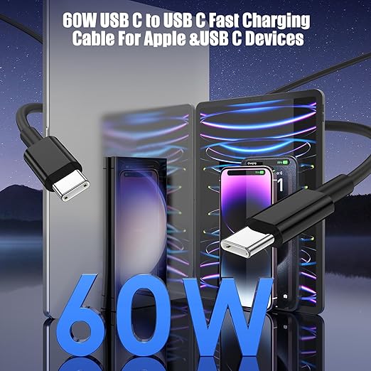 3-Pack Black 3.3FT 60W USB C to USB C Cable, Type C to Type C Cable, Fast - Image 2