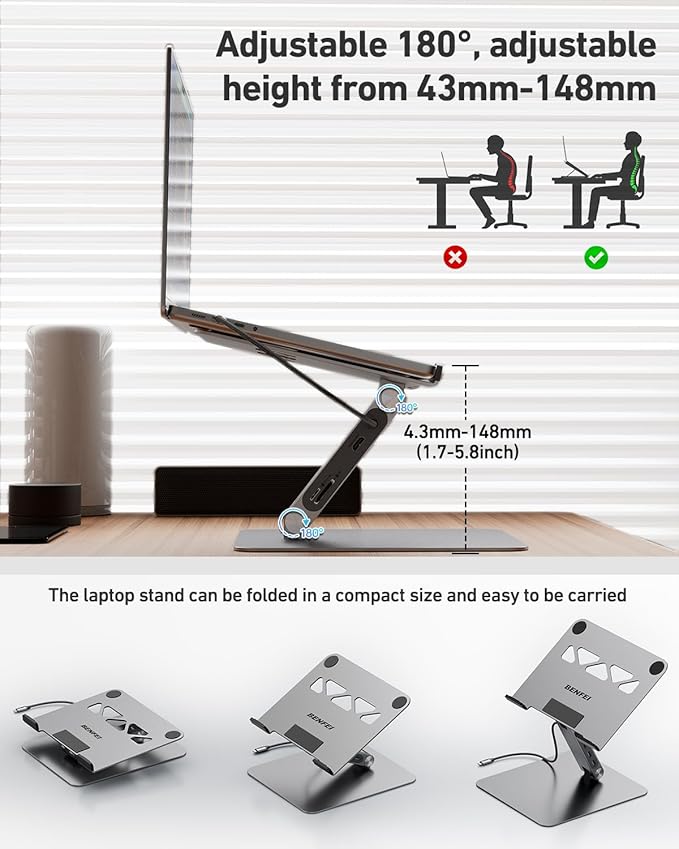 BENFEI Laptop Stand with USB C 7in1 Docking Station, HDMI 4K@60Hz, 1*SD 1*Micro - Image 7