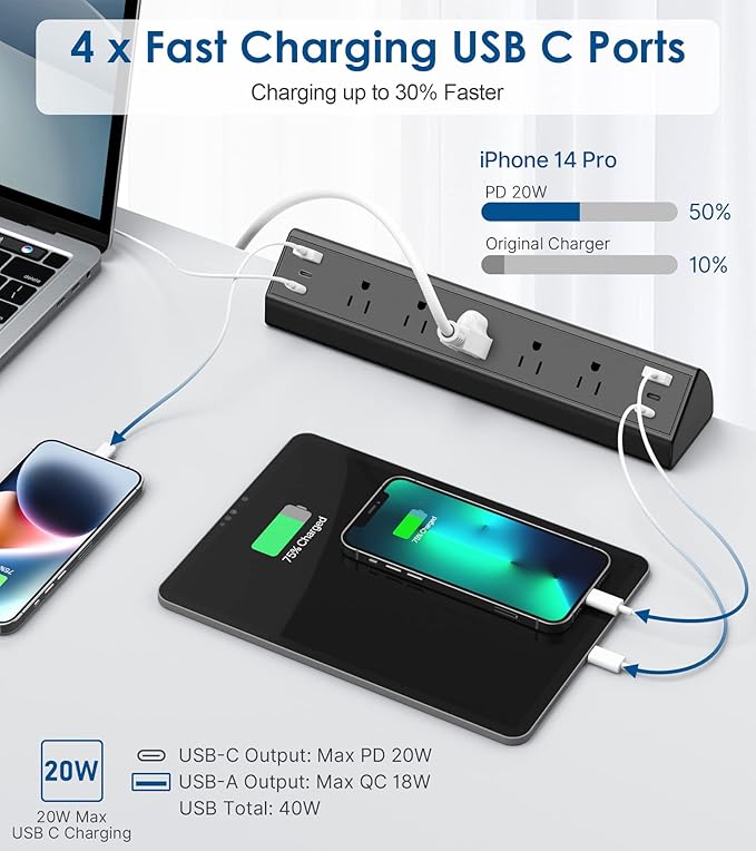 Desk Clamp Power Strip USB C, Under Desk Mount Power Station, 20W Fast Charging - Image 3