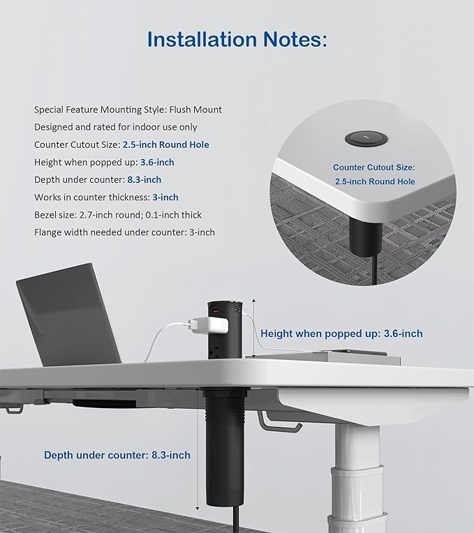 Pop up Outlet for Countertop, 65W USB C Fast Charging Port, 2.5-inch Hole - Image 7