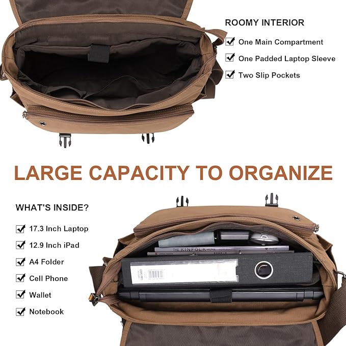 ESTARER Messenger Bag 17-17.3 Inch, Men's Computer Bag Water-resistant Canvas - Image 5