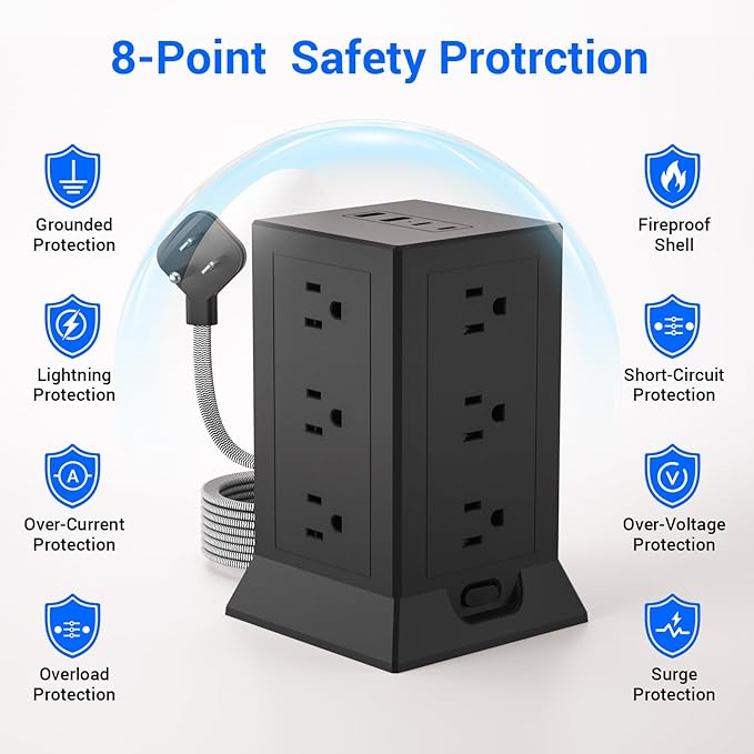 Power Strip Tower with Multiple Outlets, 6.5 Ft Extension Cord Flat Plug with - Image 6