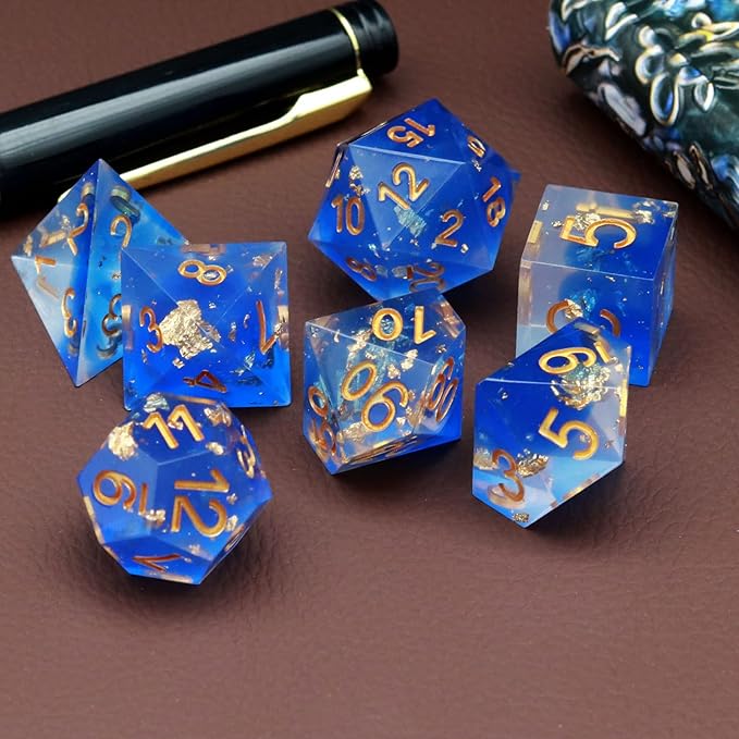 Haxtec Blue DND Dice Set Sharp Edge Resin Dice Gold Flakes - Image 3