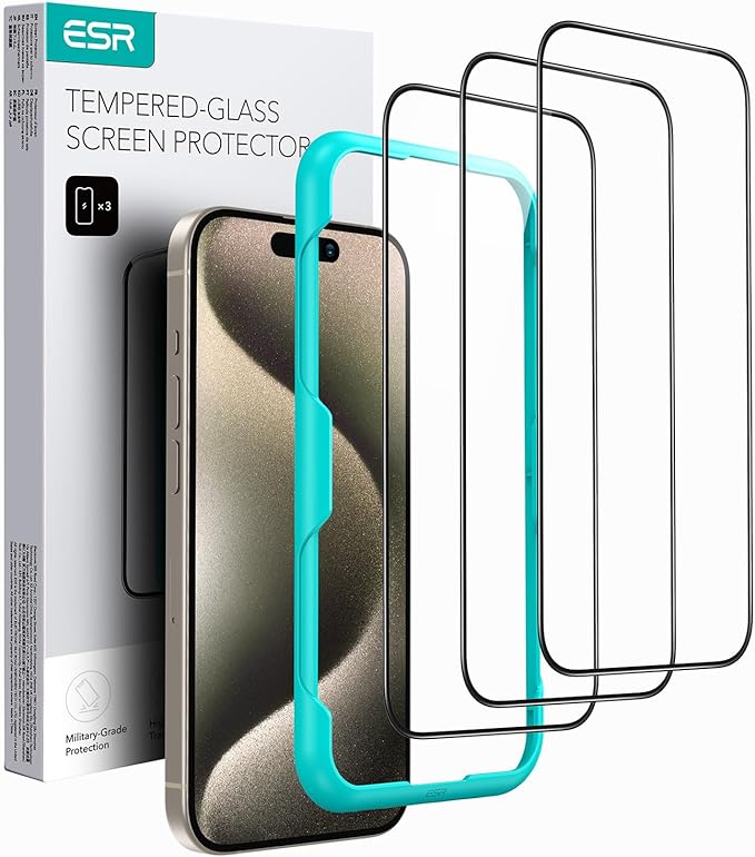 ESR 3 Pack for iPhone 15 Pro Screen Protector, Full Coverage Tempered Glass Film by ESR
