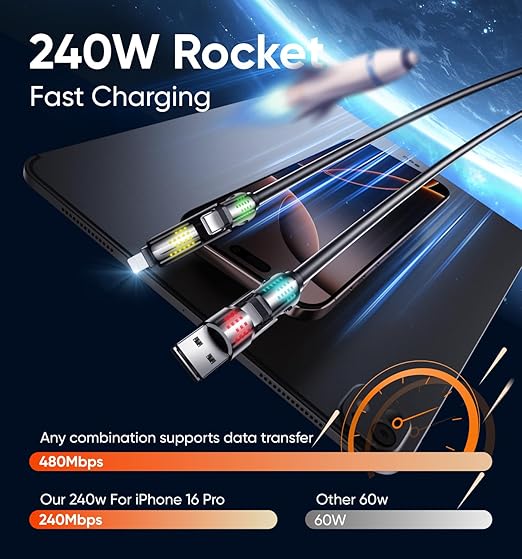 MAGIC JOHN 240W 4 in 1 Charging Cable, 4FT USB C to Lightning Cable, Chubby USB - Image 3