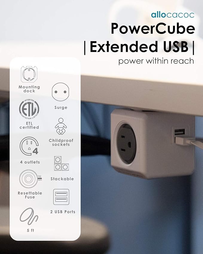 Allocacoc, PowerCube |ExtendedUSB|, 4 outlets, 2 USB Ports, 5 feet cable - Image 2