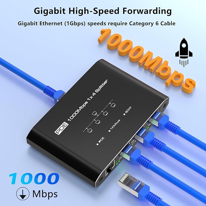 PoE Switch 1 in 4 Out, 4 Port Gigabit PoE Splitter, IEEE 802.3at/af Compliant - Image 7