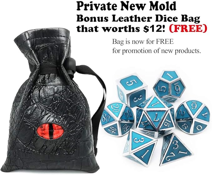 Haxtec Glow in The Dark Metal Dice Set D&D Glowing Blue Silver W/Dragon Dice - Image 2
