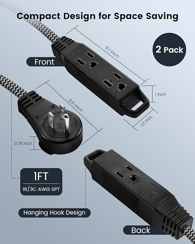 SURAIELEC 1FT 360° Rotating Flat Plug Extension Cord Flat Wall Plug - Image 7