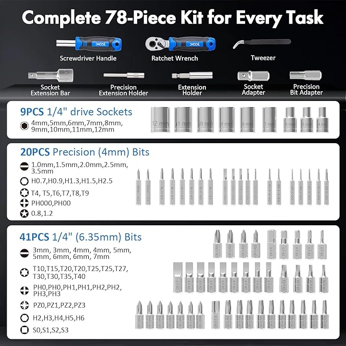 XOOL 78PCS Ratchet Screwdriver Set, Precision Bits, 1/4" Sockets, Magnetic Tools - Image 3