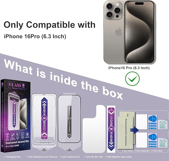 2 Pack Screen Protector for iPhone 16 Pro, 9H Tempered Glass, Full Coverage - Image 7