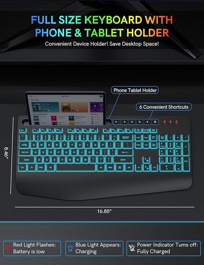 Trueque Wireless Keyboard with 7 Colored Backlits, Wrist Rest, Phone Holder - Image 7