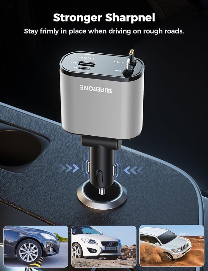 【Upgraded】 SUPERONE Retractable Car Charger 4 in 1, Fast Car Phone Charger - Image 4