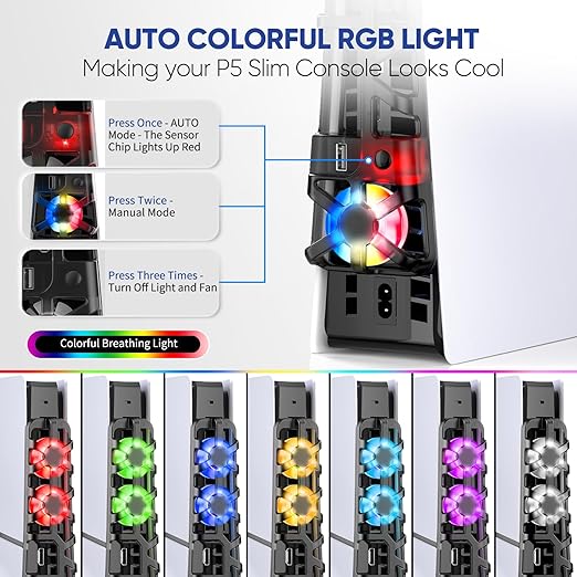 RGB PS5 Slim Light Cooling Fan, Temperature Controlled Fan Speed, Smart Memory - Image 2