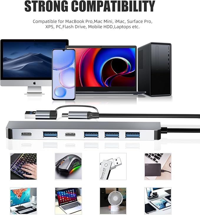 Aluminum 7 in 1 USB C Hub with USB 3.0, 7 Ports with 2* USB-C and 5* USB-A - Image 7